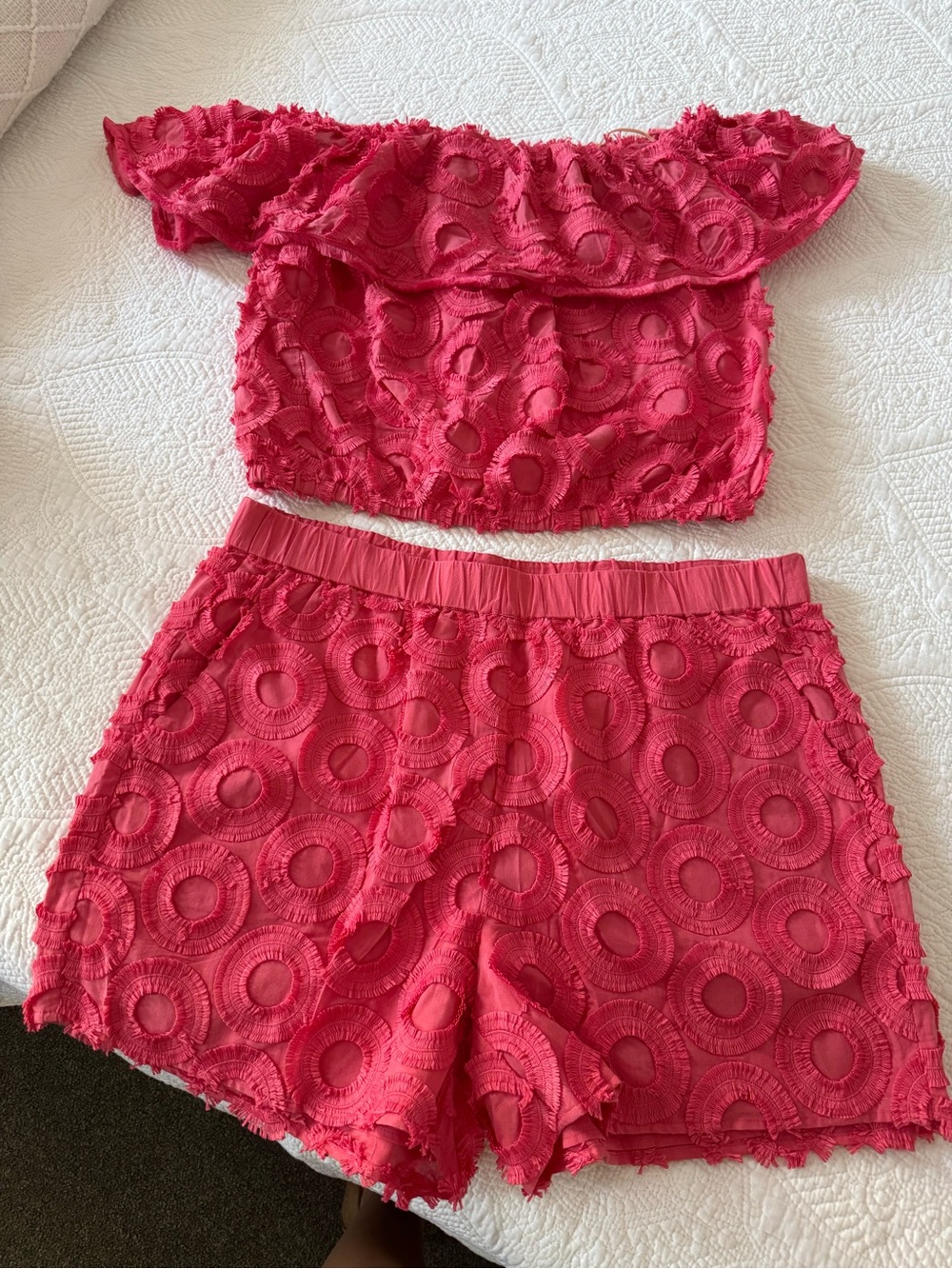 Trina Turk Bright Coral Eyelet Off-Shoulder Crop Top & Shorts Set